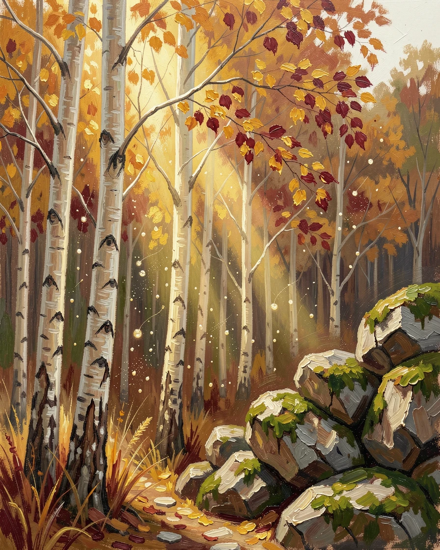A grove of golden aspens, beside a cluster of moss-covered boulders, sunlight catching drifting spores and pollen in the air, in deep autumn, leaves turning shades of amber and crimson.
