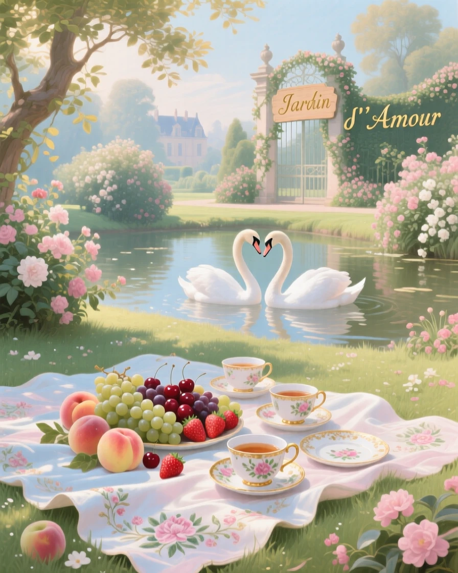 A garden picnic with fruit, porcelain cups, and a pair of swans nearby  