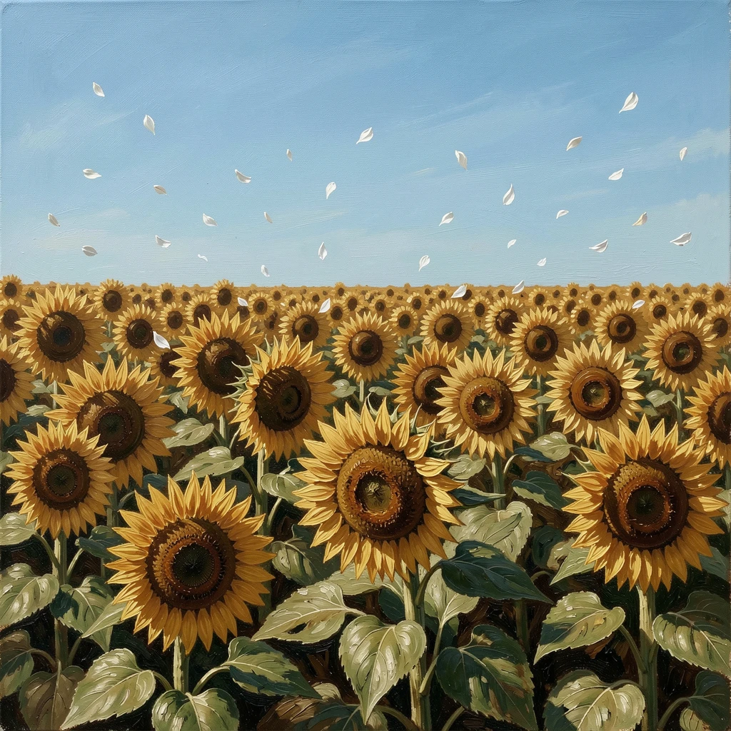 A summer sunflower field in full bloom beneath a bright blue sky, as soft snow or flower petals drift gently through the air, capturing the warmth, joy, and magic of the season