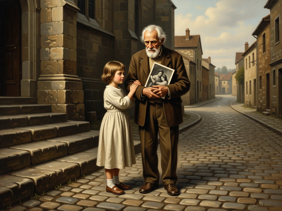 A child leading a blind grandfather safely across a busy street as the weight of years finally lifts, set on the worn steps of a village church, with a faded photograph clutched tightly to a chest; converging paths in the background lead directly to the embracing pair, capturing love that has endured distance and time.
