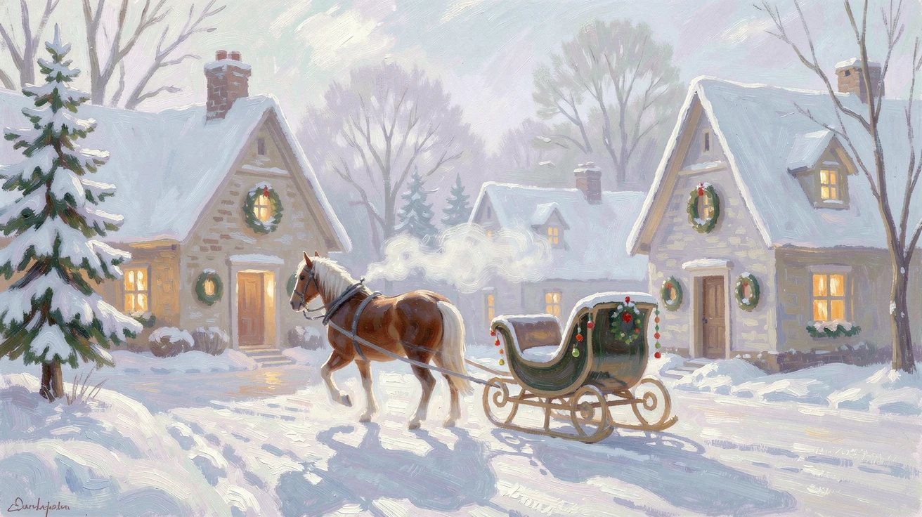A horse-drawn sleigh gliding through a snow-covered village at Christmas, bells jingling softly, evoking a sense of peace and quiet wonder.
