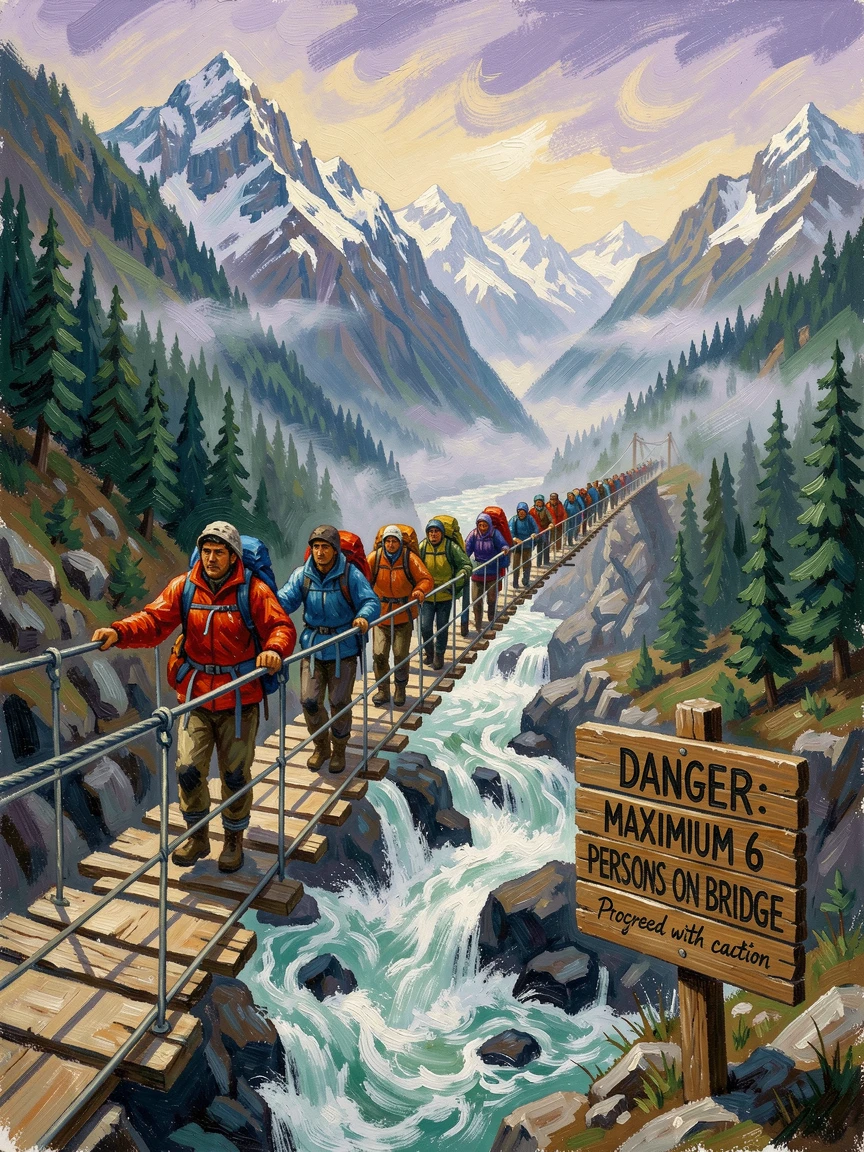 Trekkers crossing a suspension bridge over a roaring gorge in the Nepalese Himalayas.