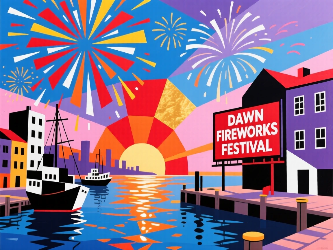 An energetic scene of a fireworks display over a city harbor, captured as the sun rises over the horizon.