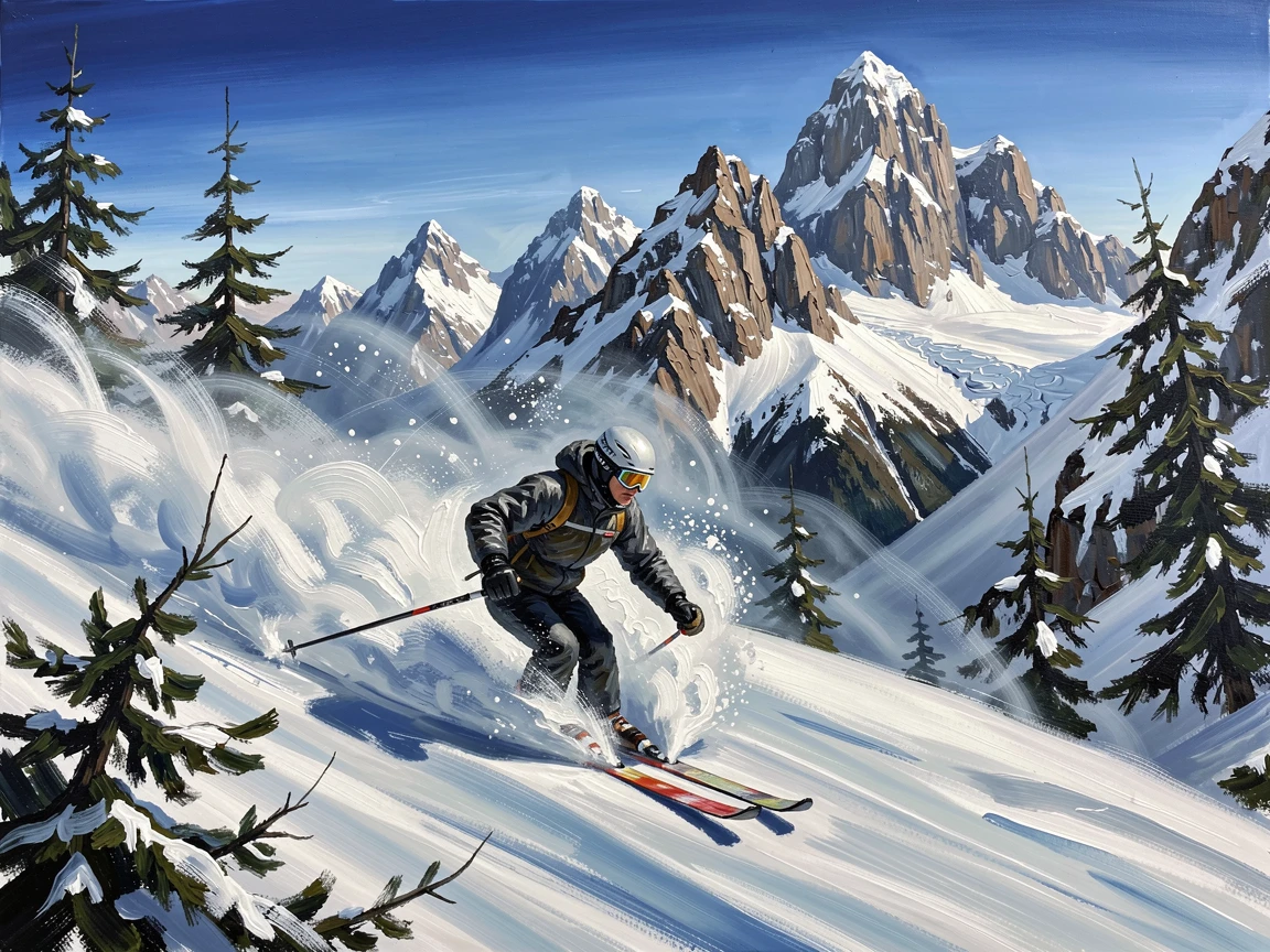 A skier carves fresh powder down a steep alpine slope, snow spraying dramatically behind as jagged peaks rise under a brilliant blue sky, the natural elements, whether wind, water, or snow, playing an active role in the scene.