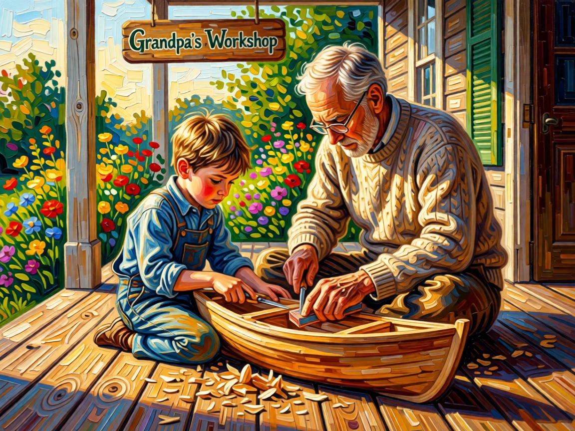 A grandfather teaching his grandson to carve a small wooden boat on the porch