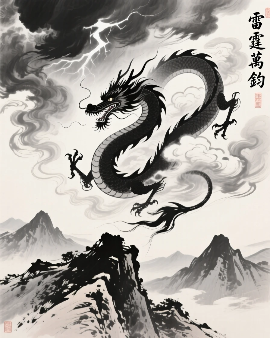 A great dragon coils among storm clouds above a mountain range, as thunder rolls across the surrounding peaks.