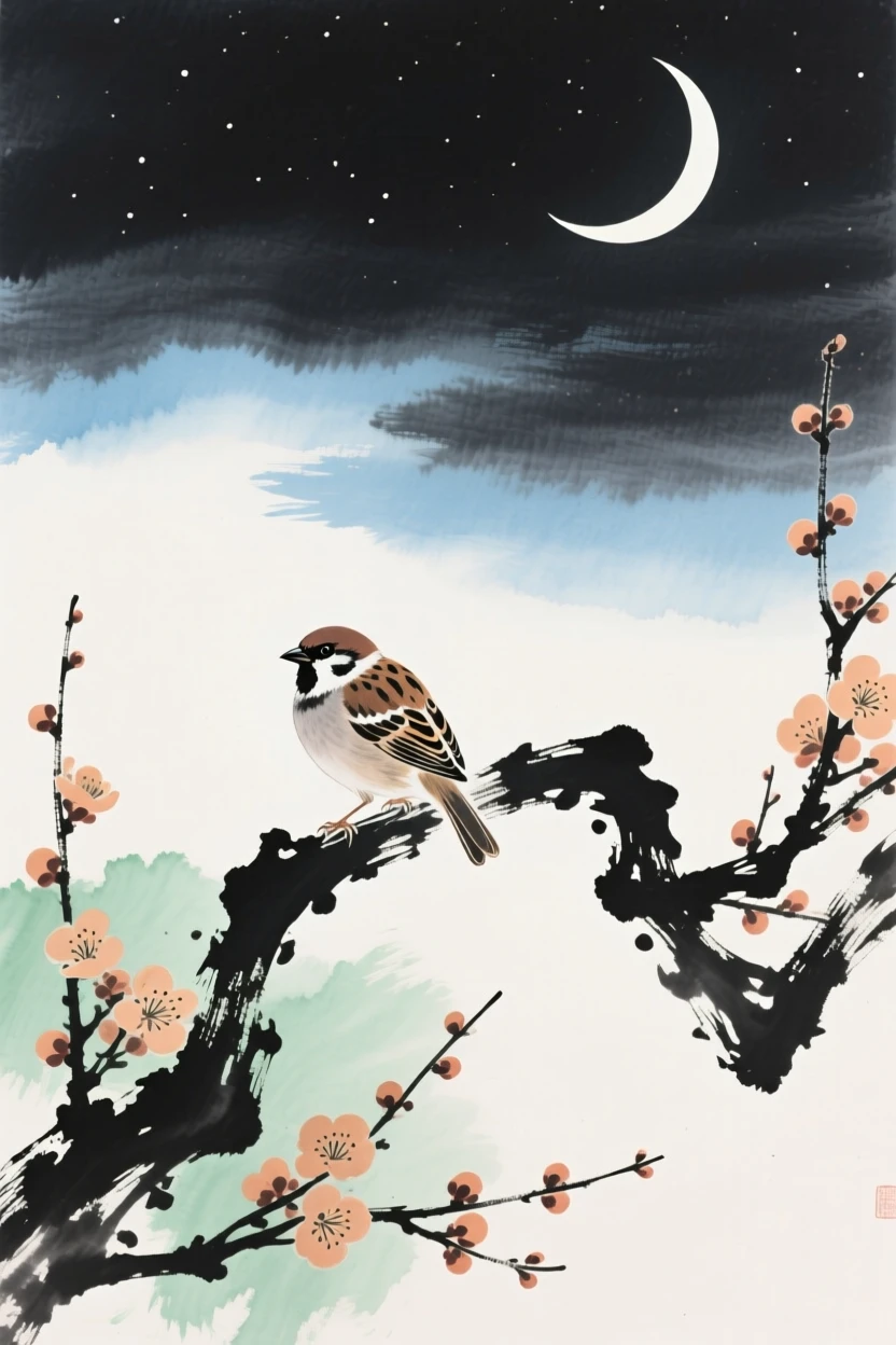 A small sparrow perched on a blossoming plum branch, beneath a crescent moon, in early spring.