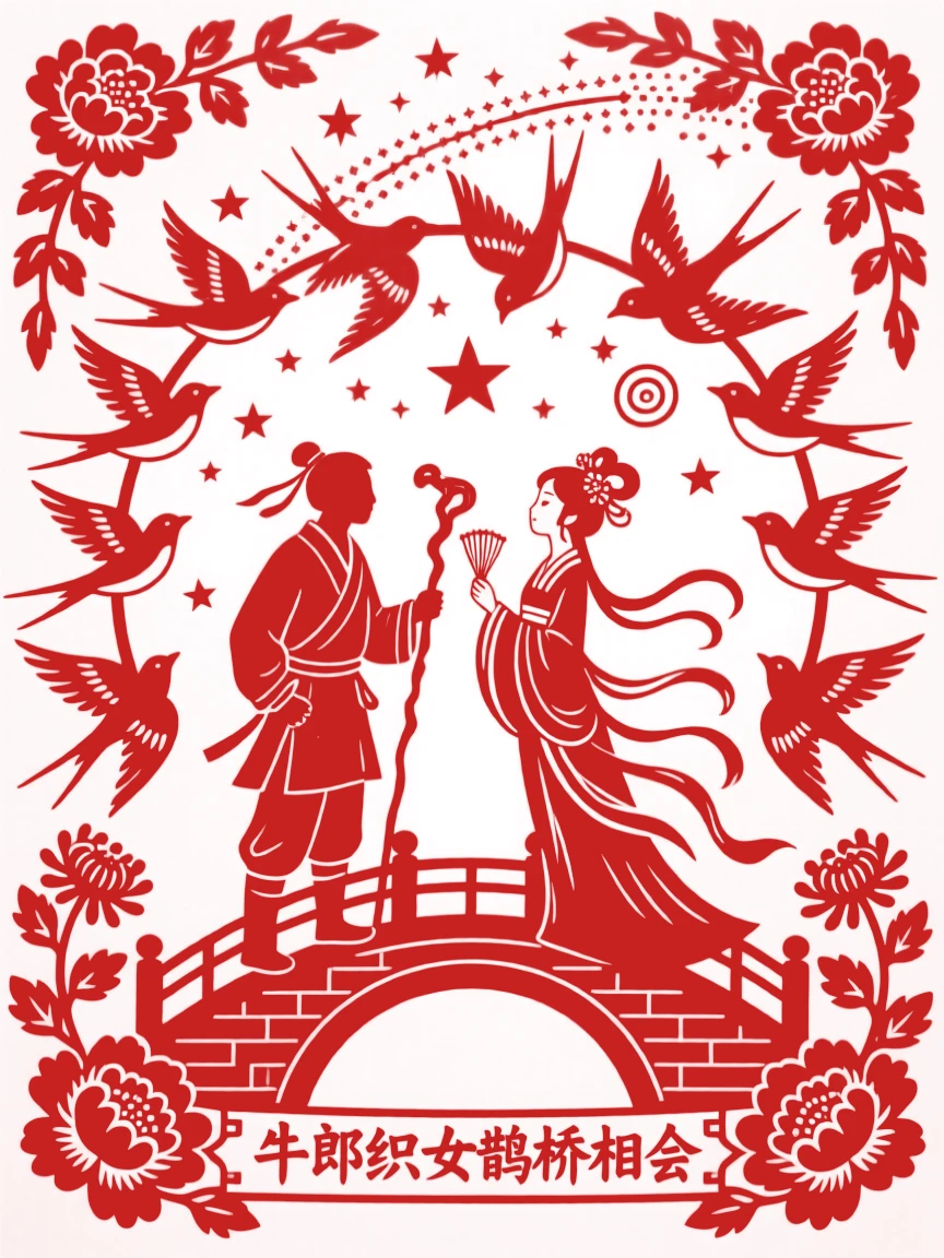The Cowherd and Weaver Girl reuniting on a bridge of magpies spanning the Milky Way, stars glittering around them