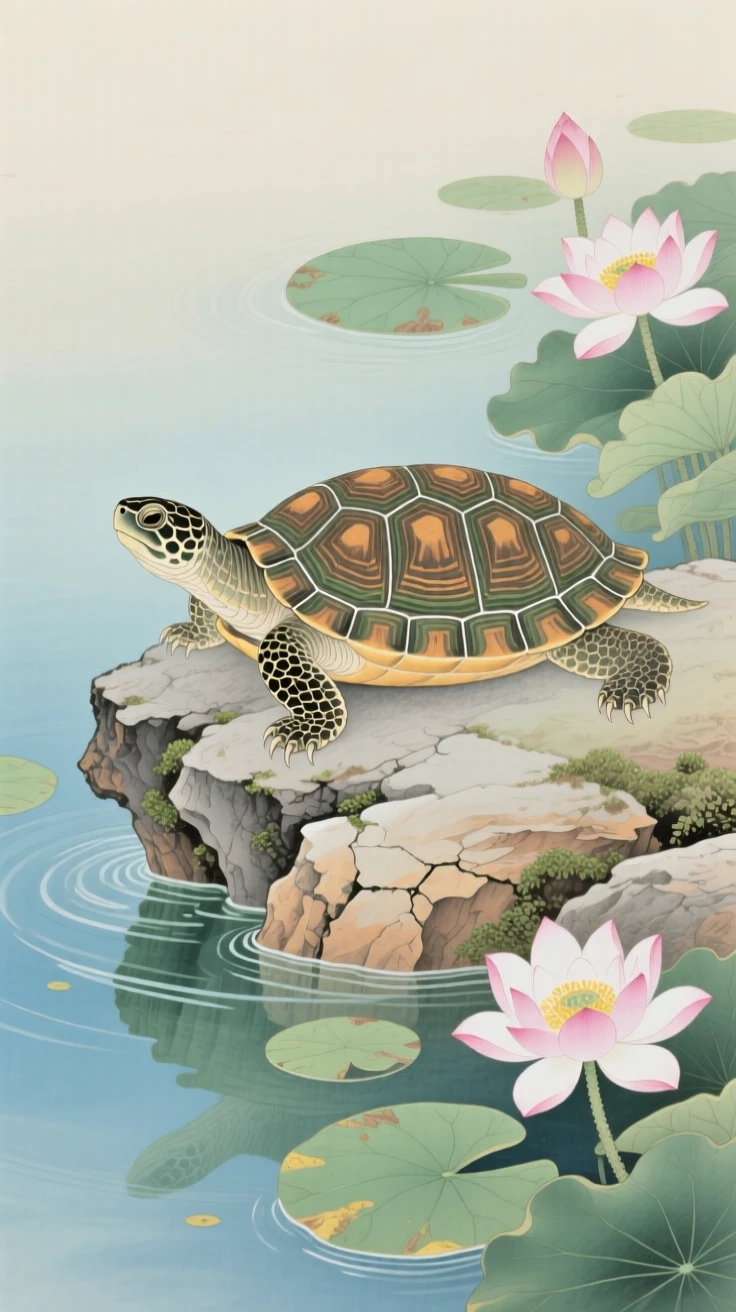 A turtle resting on a sun-warmed rock in a pool bordered by blooming water lilies