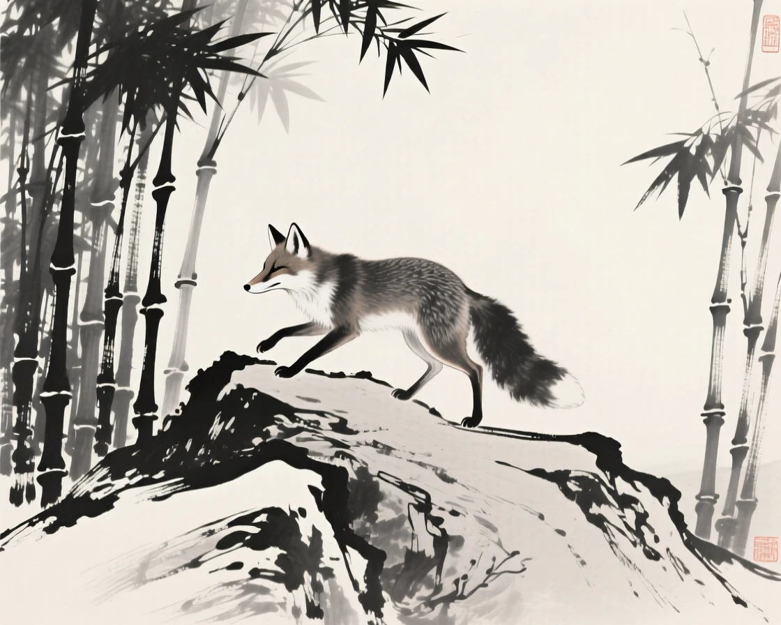 A fox moving cautiously along a rocky ridge through a bamboo thicket, captured in profile against a soft, empty background, evoking the gentle rhythm of the natural world.