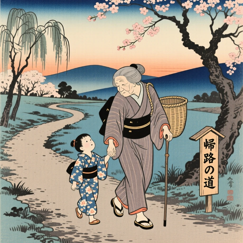 A grandmother and grandchild walking home together at the end of a long day.