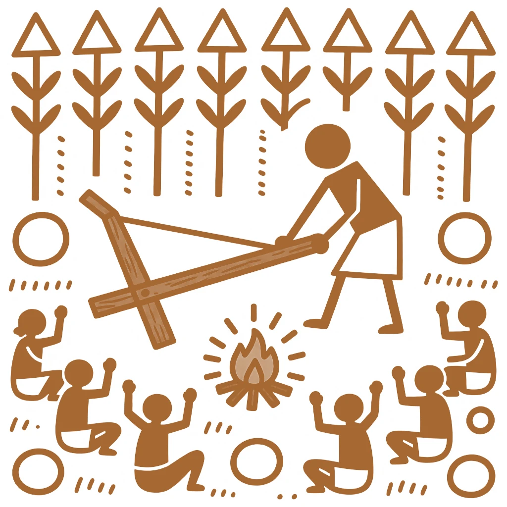 A farmer repairing a wooden plow gathering around a fire after the harvest is complete.