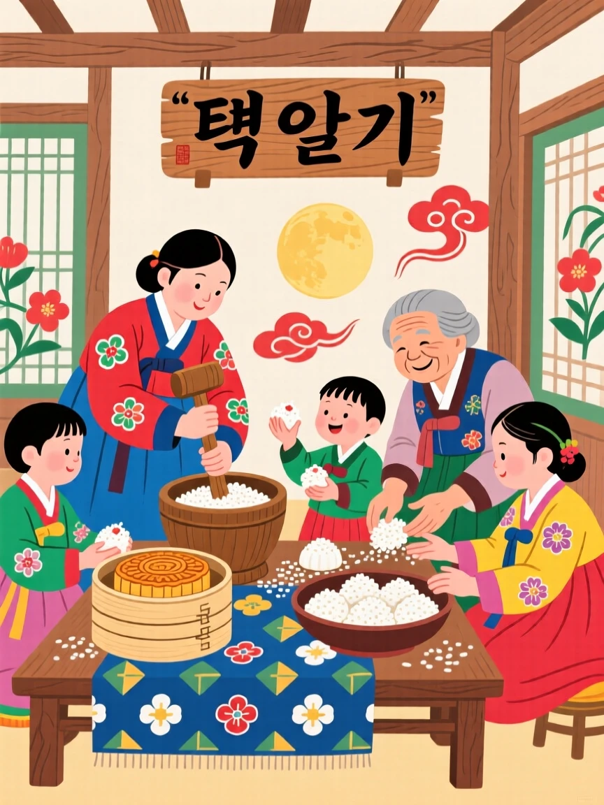 A family preparing rice cakes together for a holiday celebration.