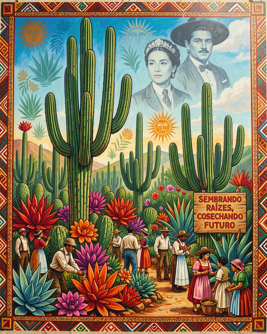 A cactus garden arranged with towering saguaros and blooming succulents