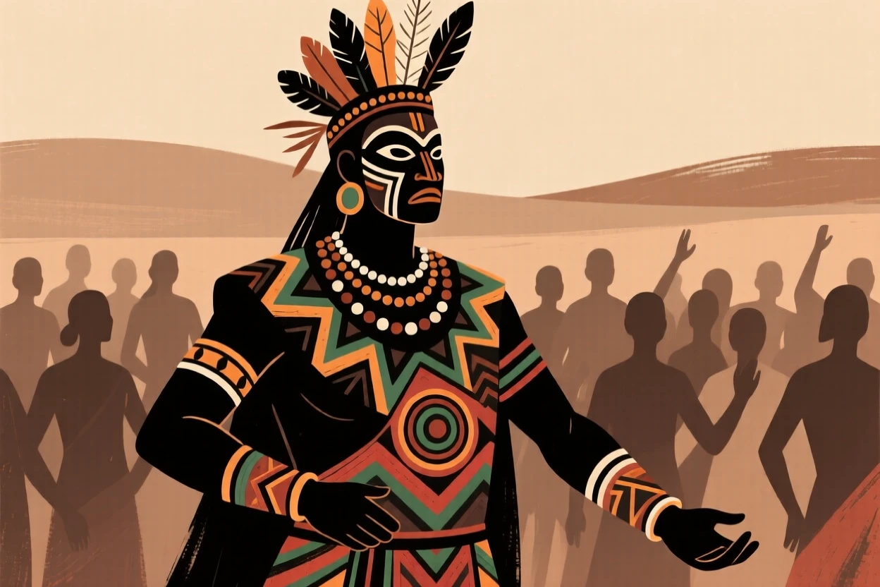 A tribal chief performing before a gathered crowd.