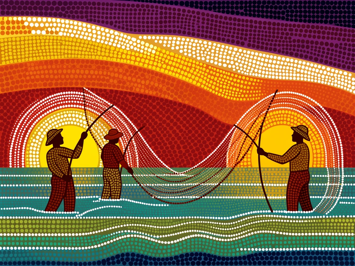 Fishermen casting nets at sunrise at sunset