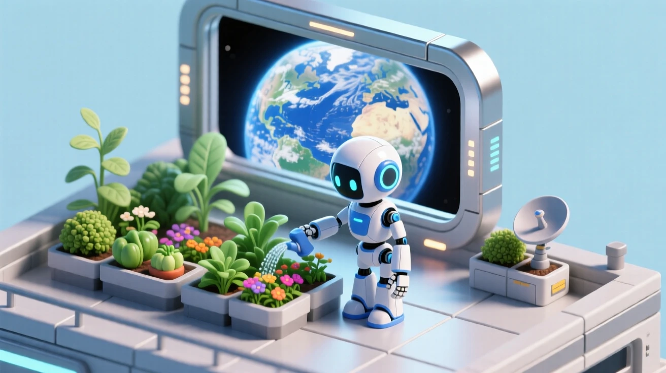 A robotic companion tending a rooftop garden on a space station, Earth visible through a nearby viewport.