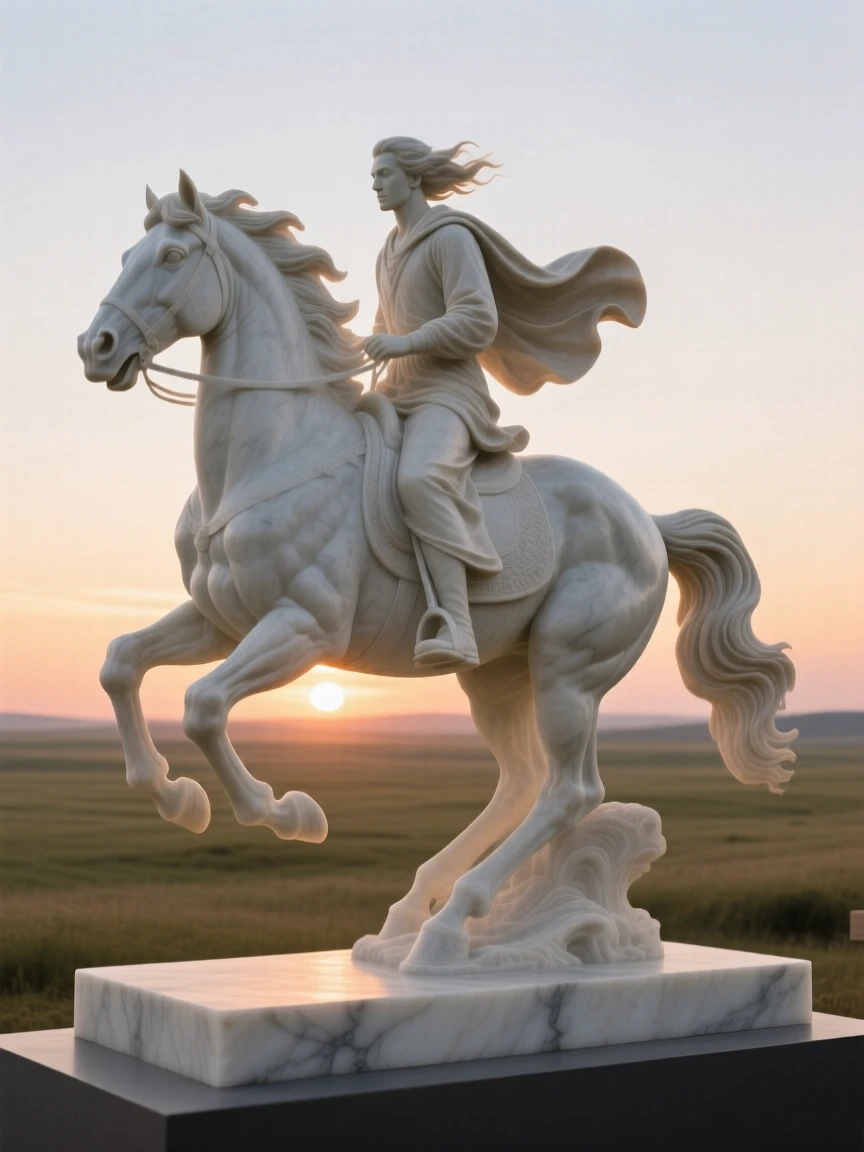 An evocative depiction of a rider galloping across an open plain at sunset, surrounded by soft, glowing light, balancing detail with emotional depth