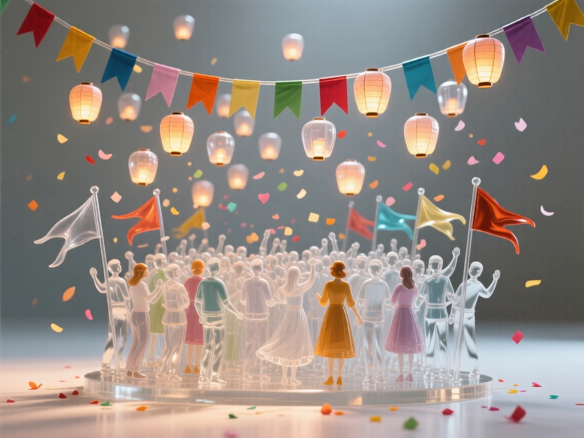 A festival crowd gathered beneath strings of colorful flags beneath a sky lit by hundreds of floating lanterns, while confetti and petals drift through the evening air