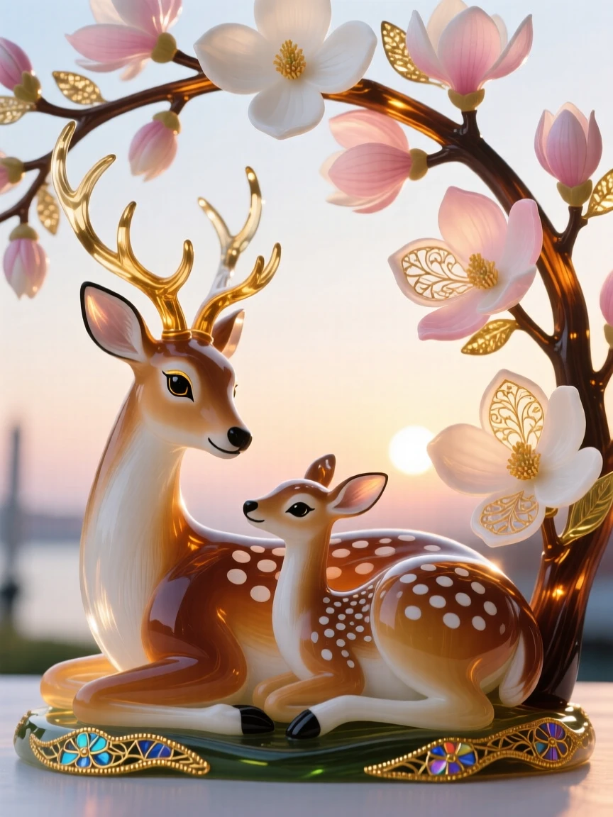 A mother deer and fawn resting beneath a canopy of blooming dogwood at dawn, tender and serene.
