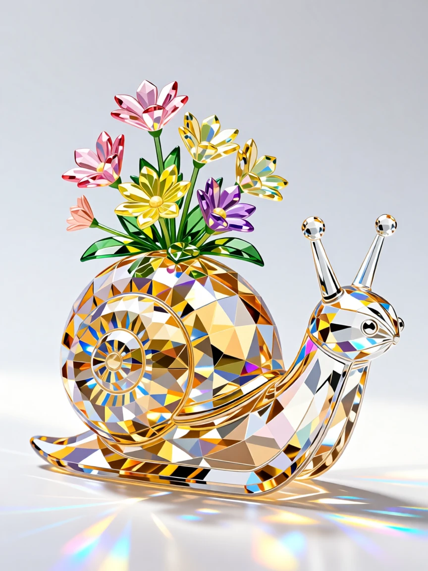 A tiny snail carrying a miniature flower garden on its shell.