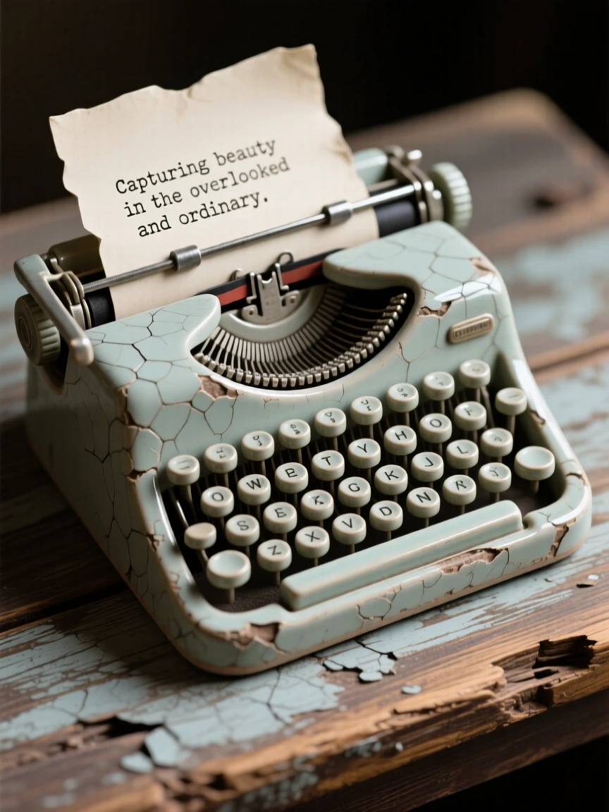 A vintage typewriter with a page mid-type resting delicately atop a weathered surface, with fine details catching every glimmer of light, capturing beauty in the overlooked and ordinary.
