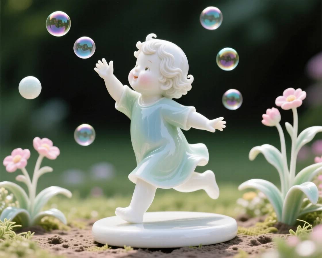 An everyday moment of quiet beauty: a child chasing bubbles in a garden, radiating simple, honest beauty.