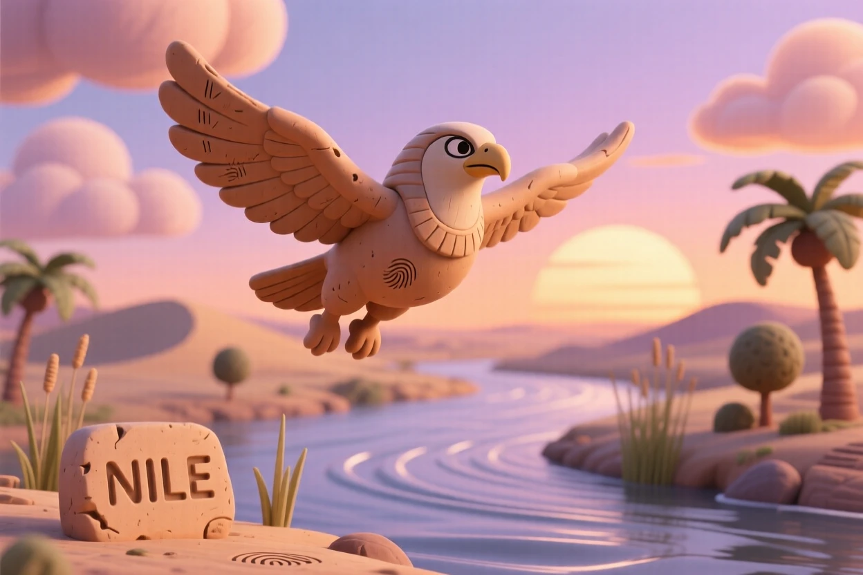 Horus soaring high above the Nile at sunrise