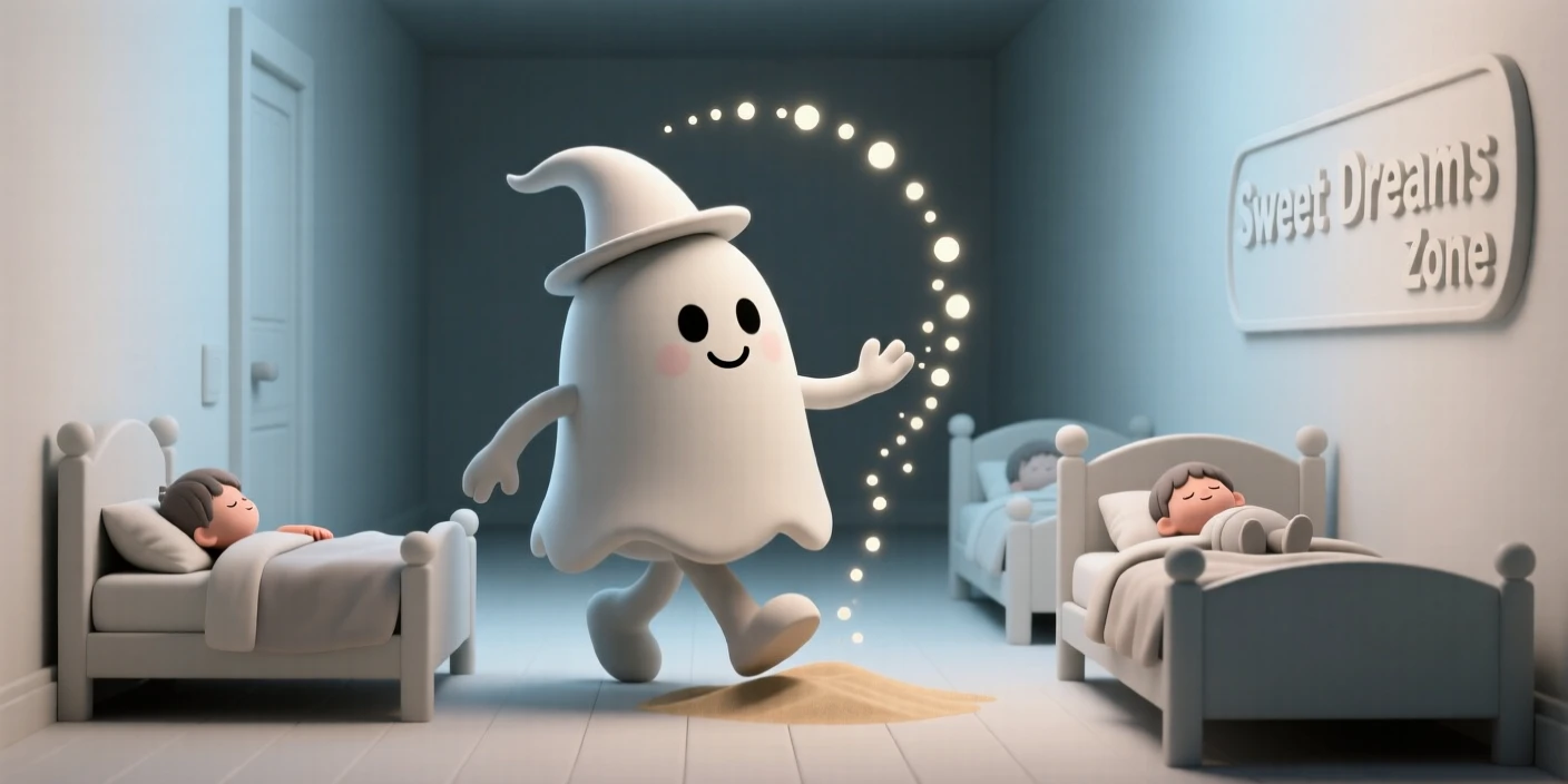 A playful sandman sprinkles glittering dream dust over a row of sleeping children's beds, tiptoeing quietly between rooms.
