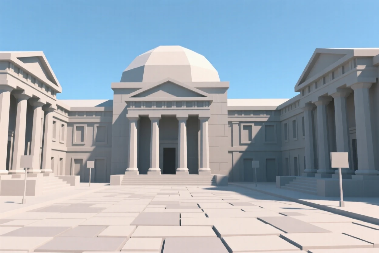 A grand plaza framed by classical architecture, beneath a clear blue midday sky. vibrant color accents contrast against neutral stone. It captures a feeling of quiet discovery.