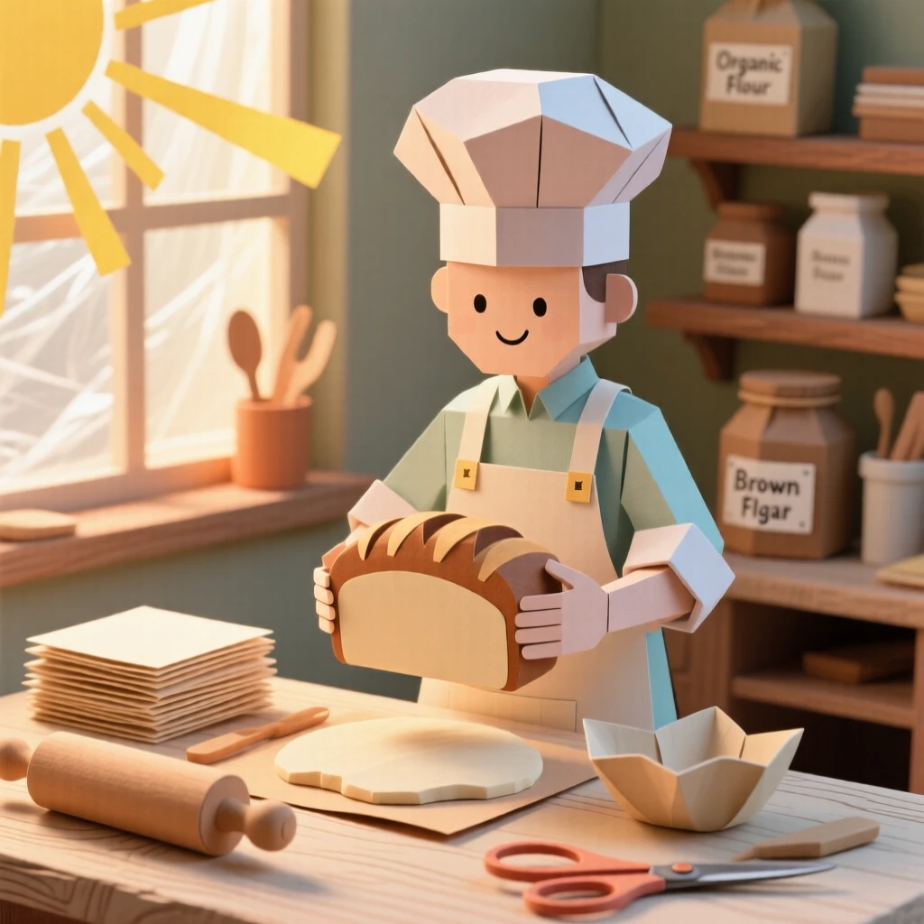 A creative baker working in a sunlit studio, with tools and materials scattered nearby, capturing mindful, patient craftsmanship.