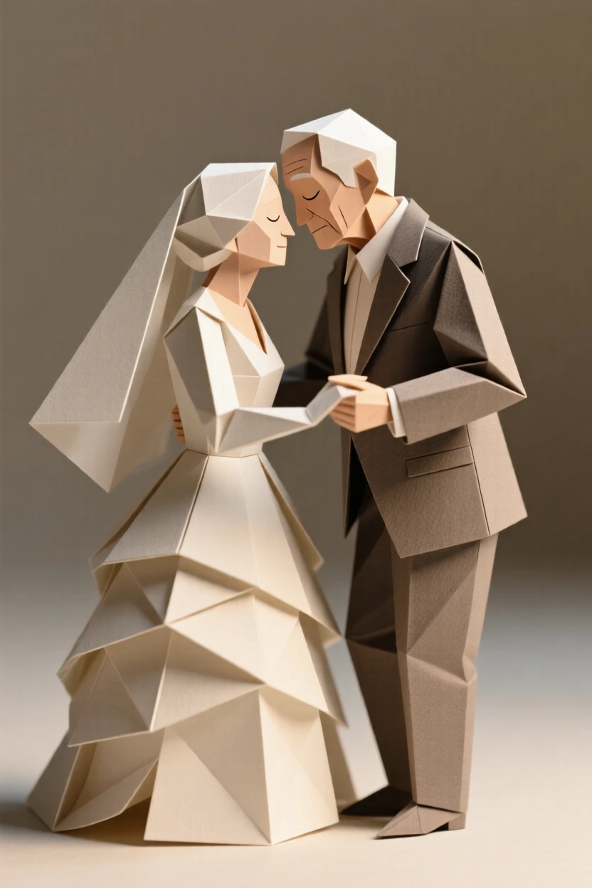 A wedding scene with an elderly couple slow dancing, foreheads touching, eyes closed.