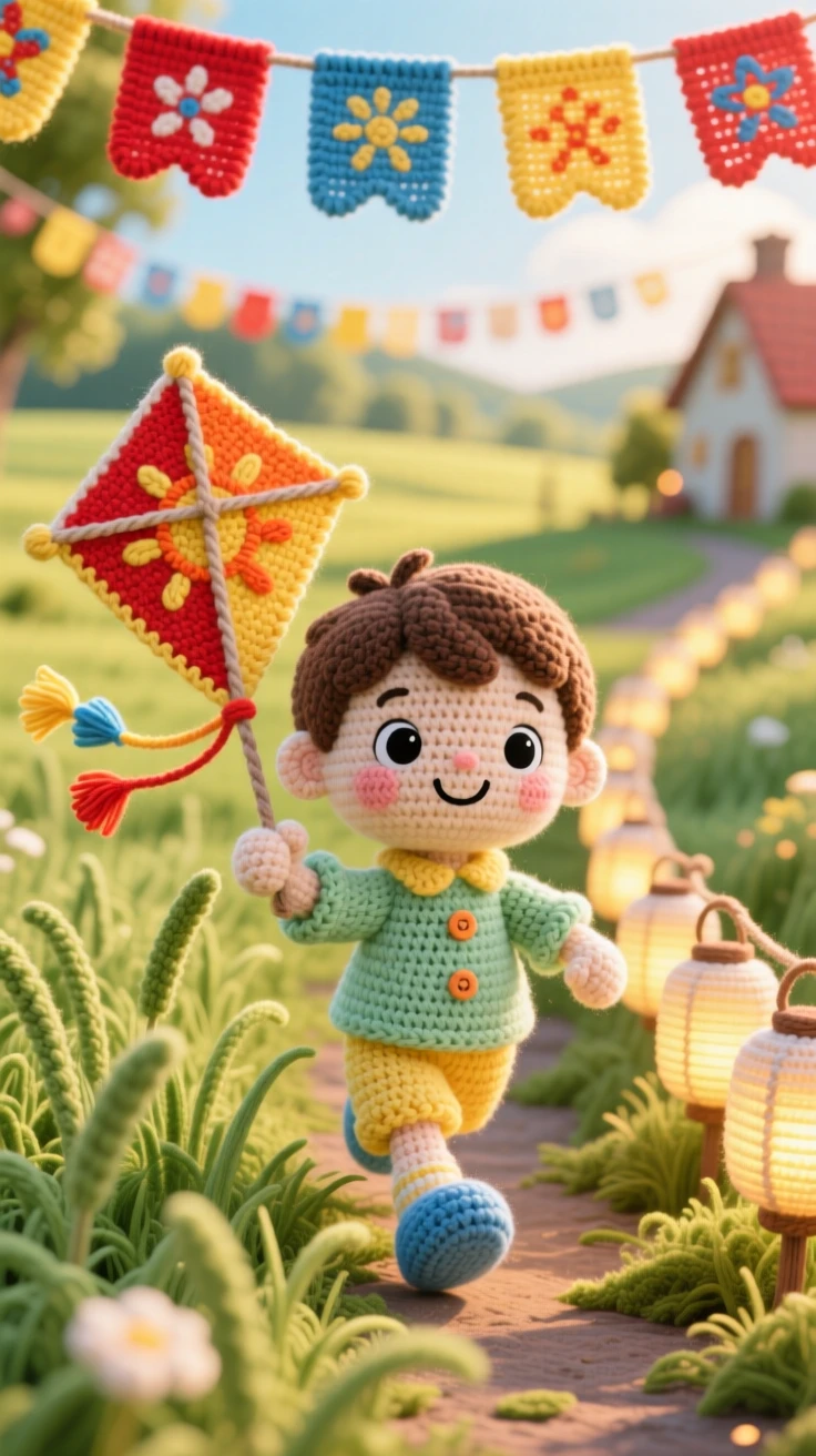 a small boy holding a small kite for a spring festival, with a bright painted design, running through a field of grass, at a sunlit village green decorated with banners, with a row of glowing lanterns lining the path, radiating warm cultural pride and festive belonging.