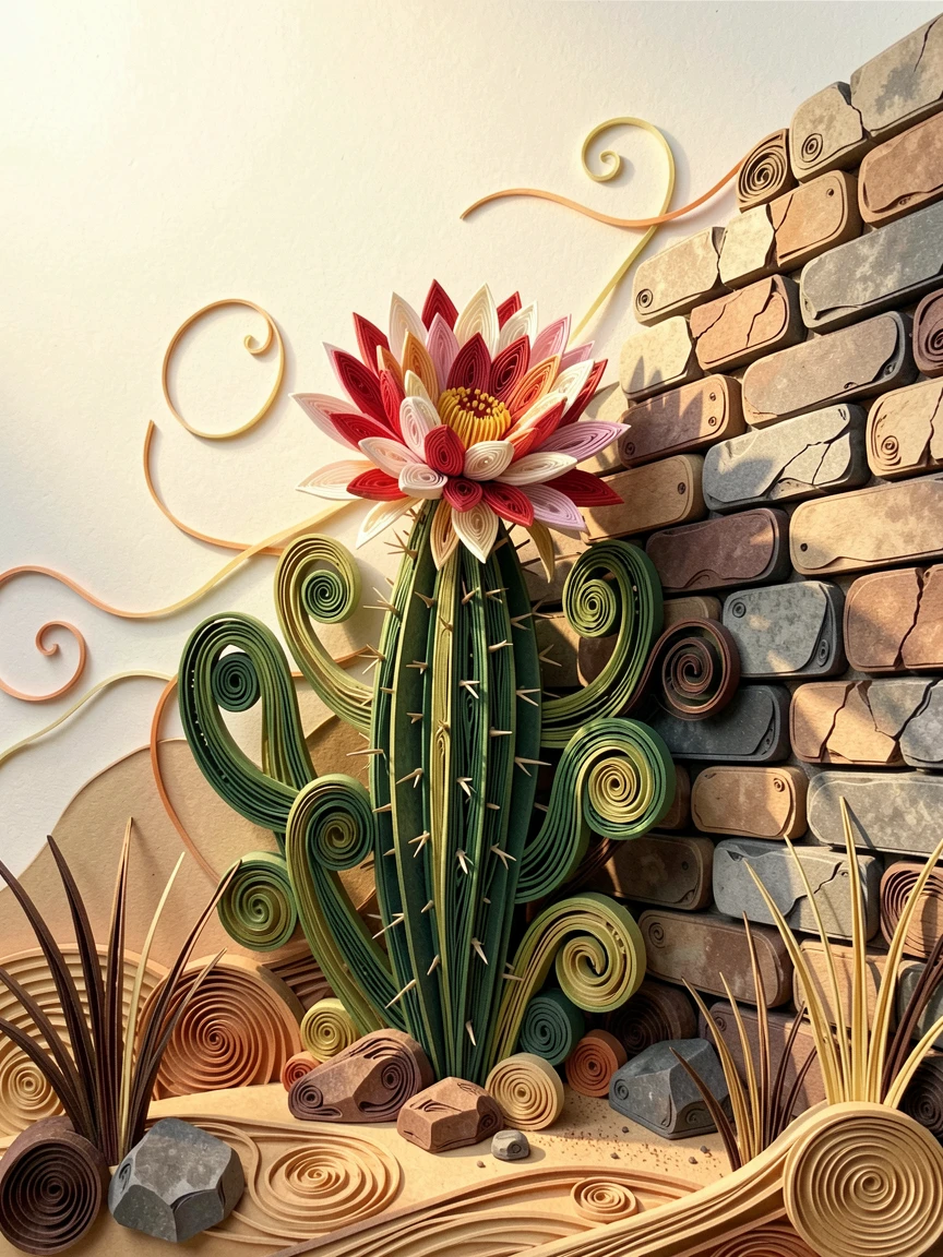 A serene botanical study of a blooming cactus flower in a desert landscape beside a weathered stone garden wall, with soft golden hour light washing over the scene, shot from a low angle looking up toward the light.