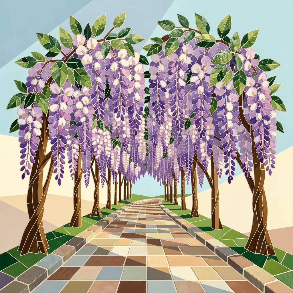 A wisteria tunnel with cascading purple blossoms overhead.