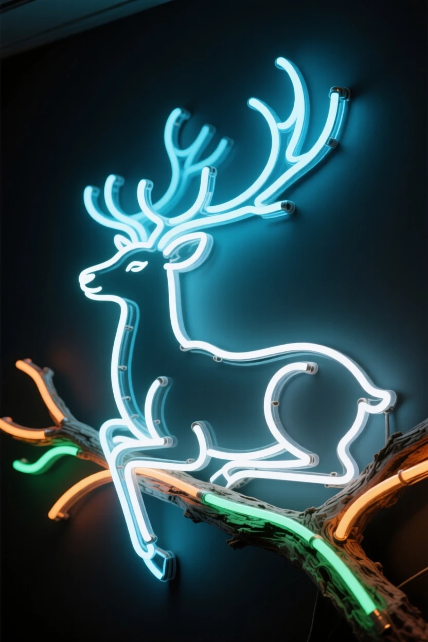 A reindeer resting quietly on a weathered branch.