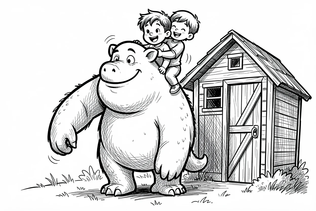 A gentle giant monster giving a child a piggyback ride beside a garden shed.