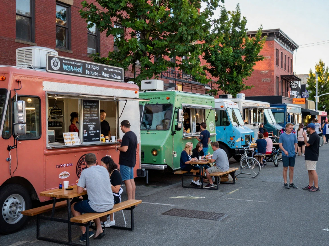 A Portland food truck lineup on a bustling street