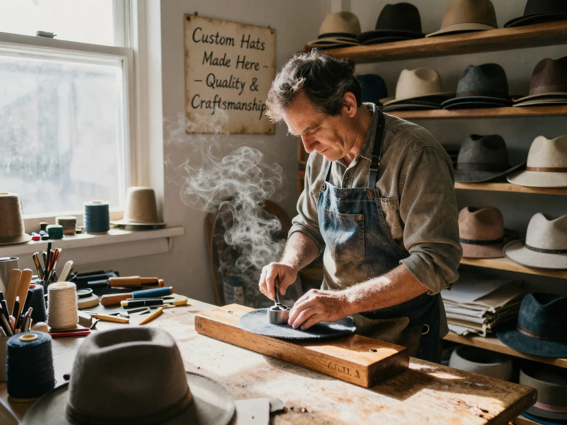A hat maker steams and shapes felt on a wooden block in a tiny atelier.
