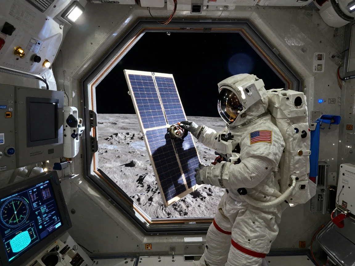 A lunar research station repairing solar panels during a spacewalk inside a gleaming research station