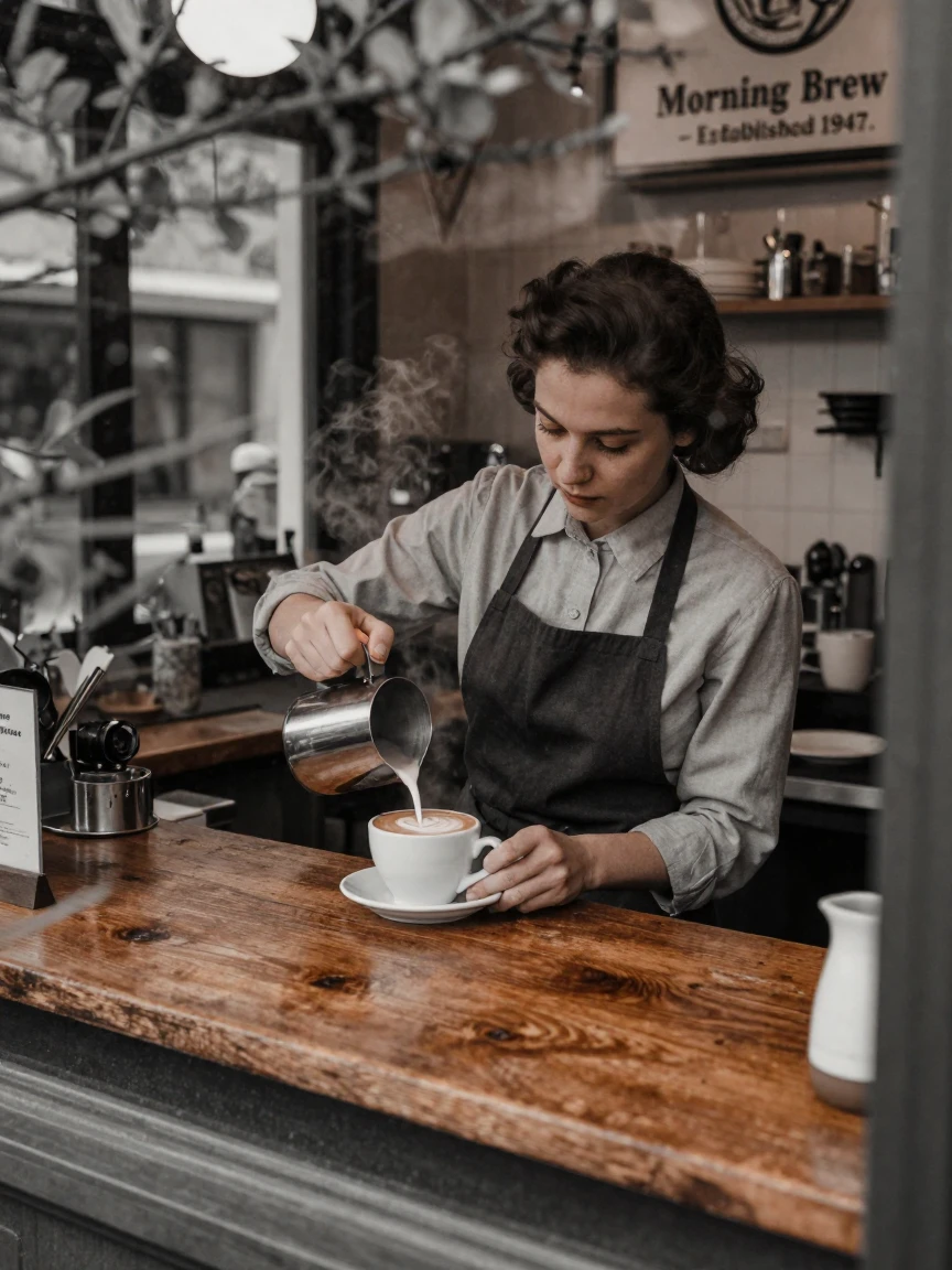 A barista carefully pouring latte art in a quiet morning café, in low lamplight, with a soft breeze stirring the air, in the depths of winter, with stark black-and-white contrast softened by a single warm hue, peering through foliage in the foreground.