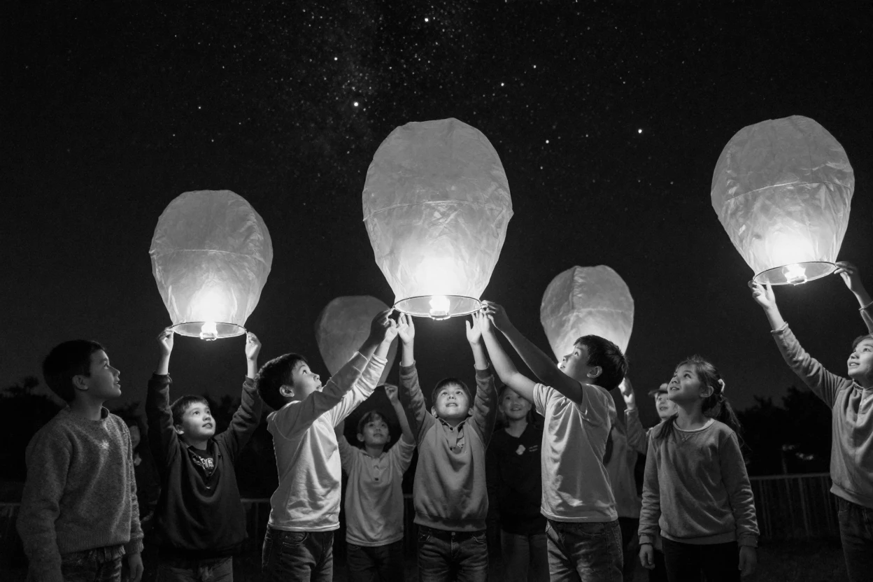 Children with paper lanterns release them into the night sky under a starry night sky.