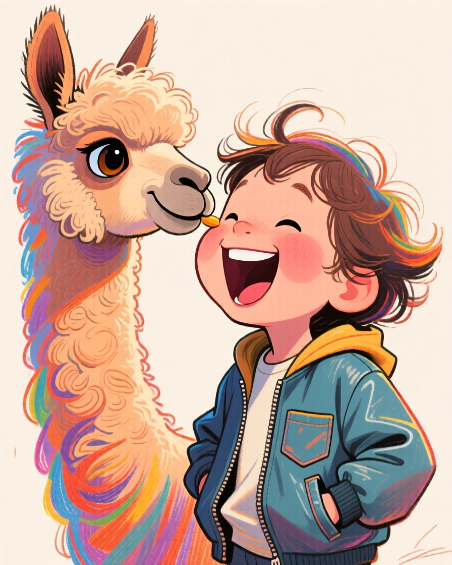 A child laughing as a friendly llama nuzzles curiously at her jacket pocket.
