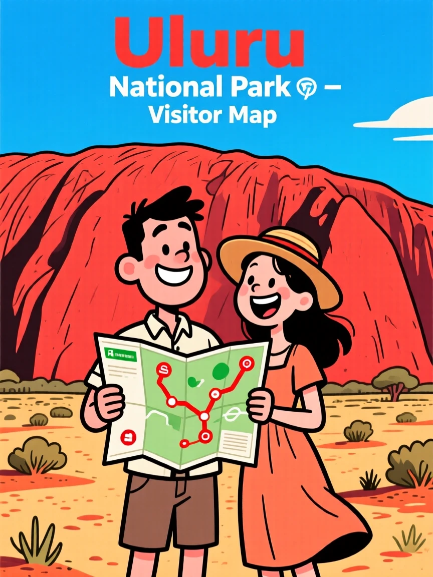 An iconic travel scene featuring a honeymooning couple standing before the towering red rock of Uluru, with a map slightly askew in hand.
