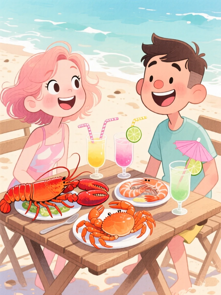 A cozy, appetizing, soft and dreamy scene of a beachside table with fresh seafood and tropical cocktails