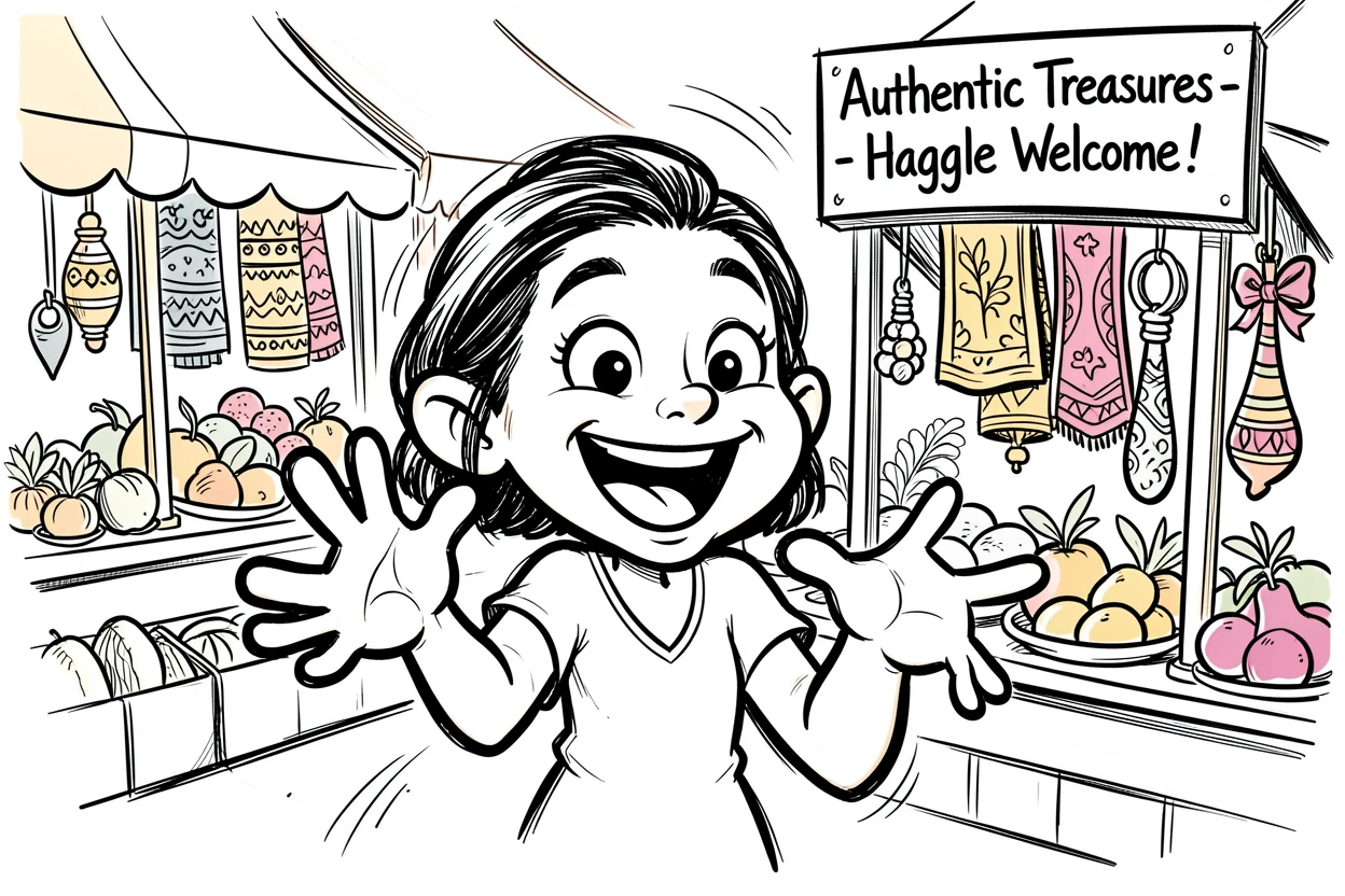 [Travel & Cultural Experiences] Vivid travel scene of a delighted cruise passenger haggling cheerfully at a bazaar, full of wonder and adventure