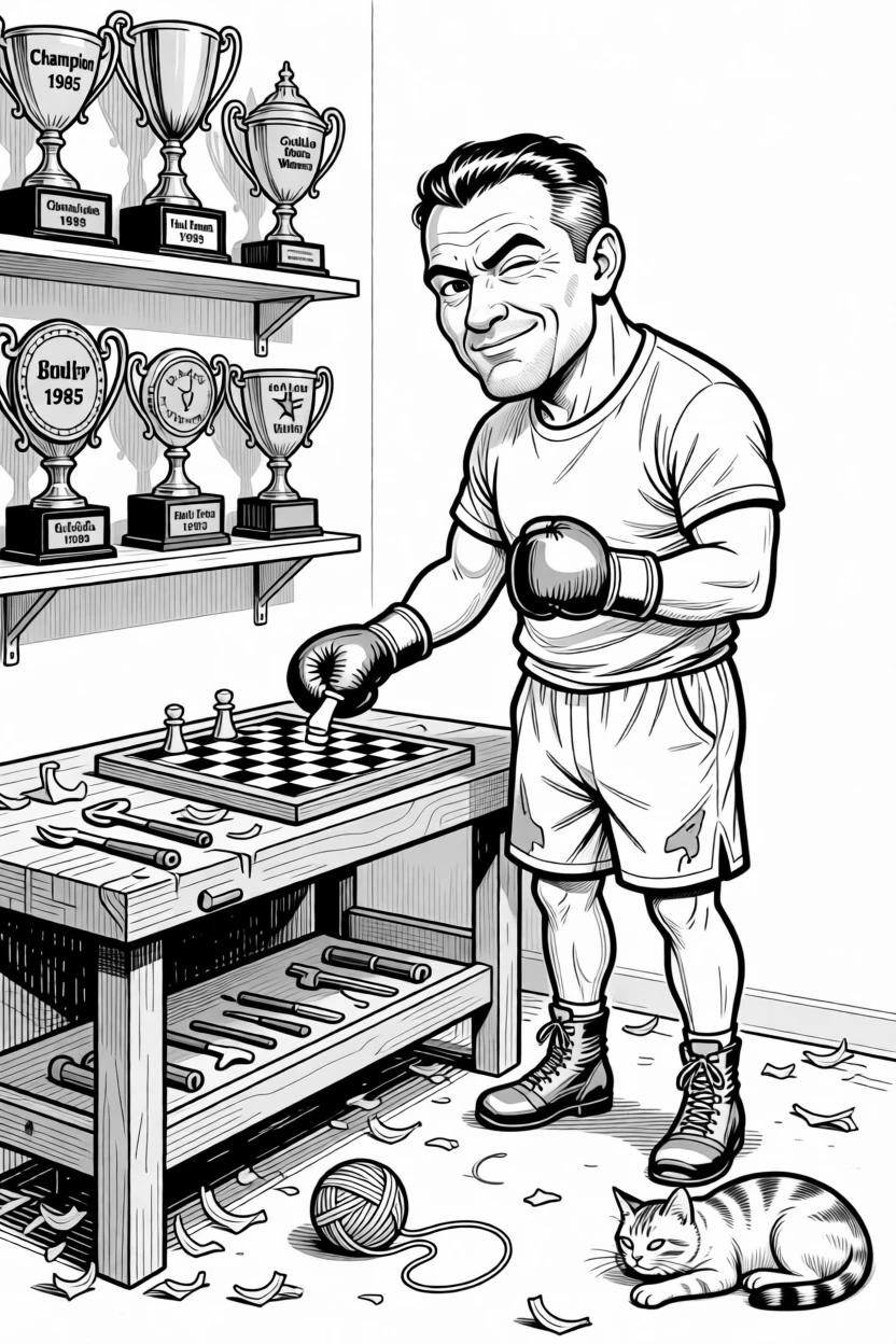 A retired boxer showing old trophies with pride, sliding a checker piece across the board with a triumphant wink, set in a small workshop scattered with wood shavings. A ball of yarn rolls gently as the cat shifts. It feels like a living memory, cherished and ongoing.