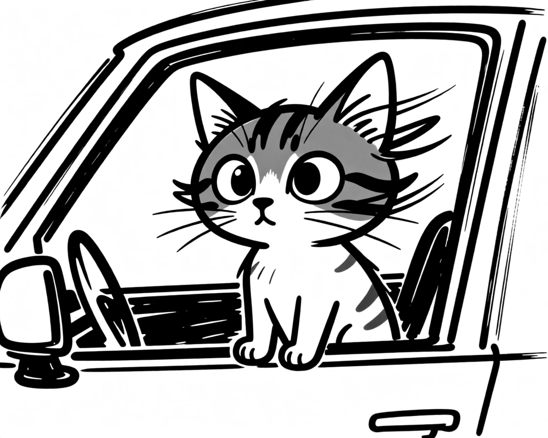 A orange tabby kitten sitting attentively in a car window, ears flapping in the breeze.