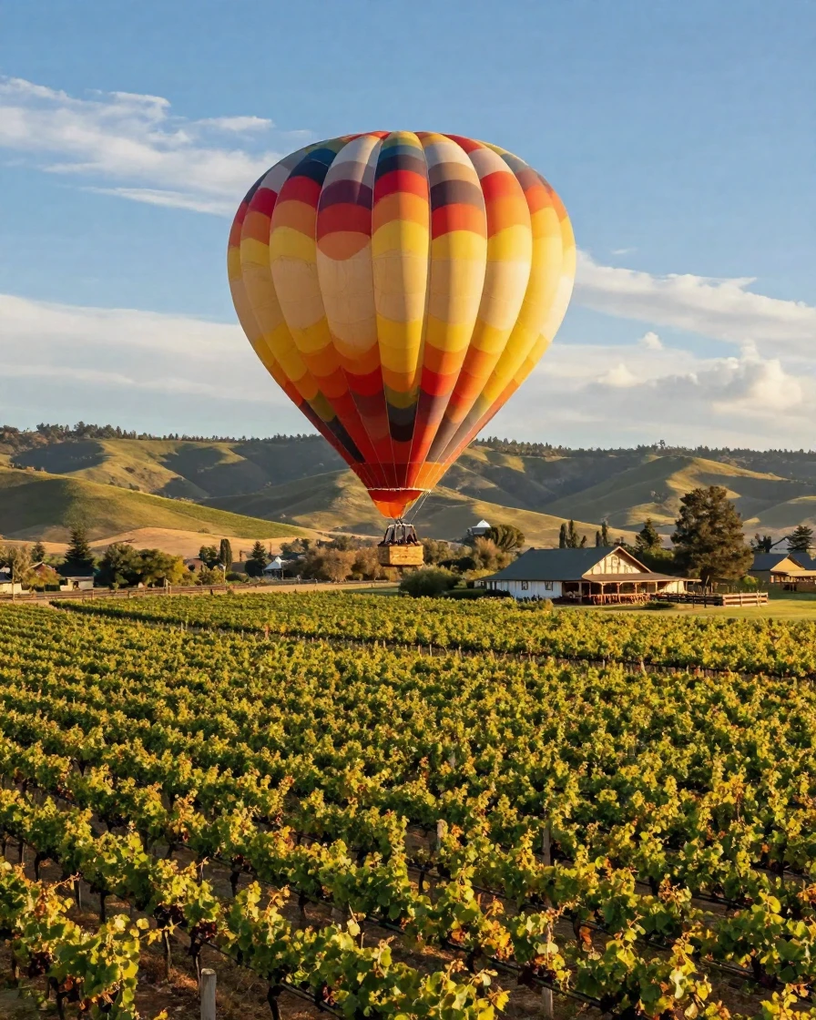 A Napa Valley hot air balloon drifting over vineyards