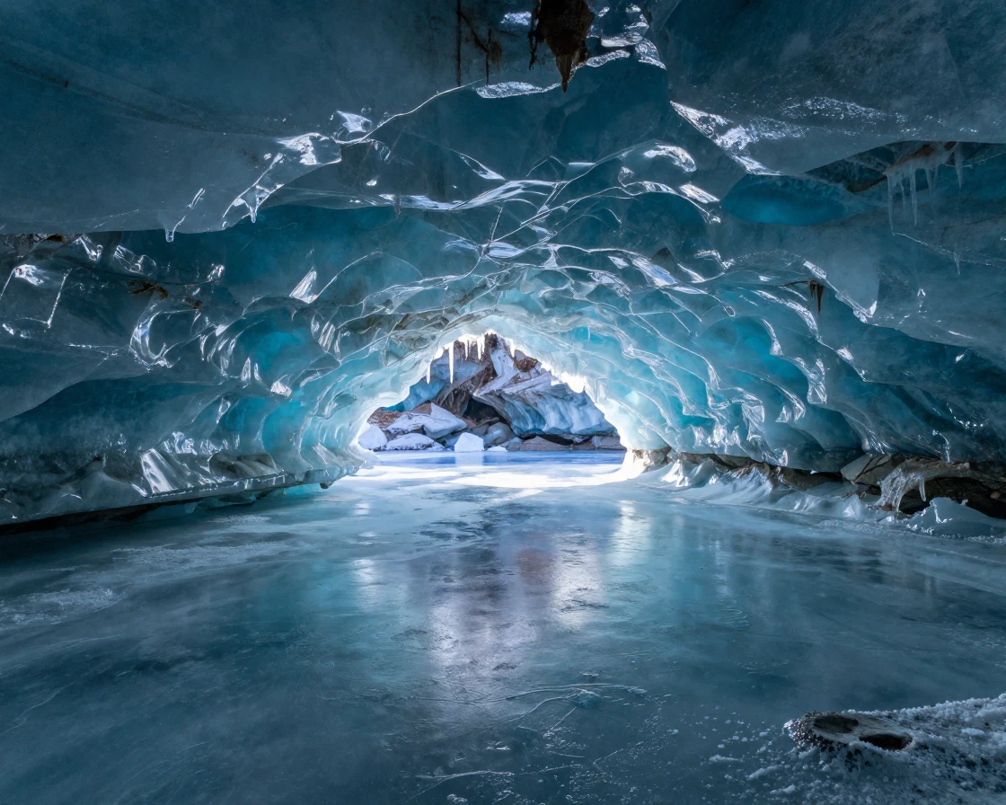 A hidden ice cavern reflects blue light across a frozen underground lake.